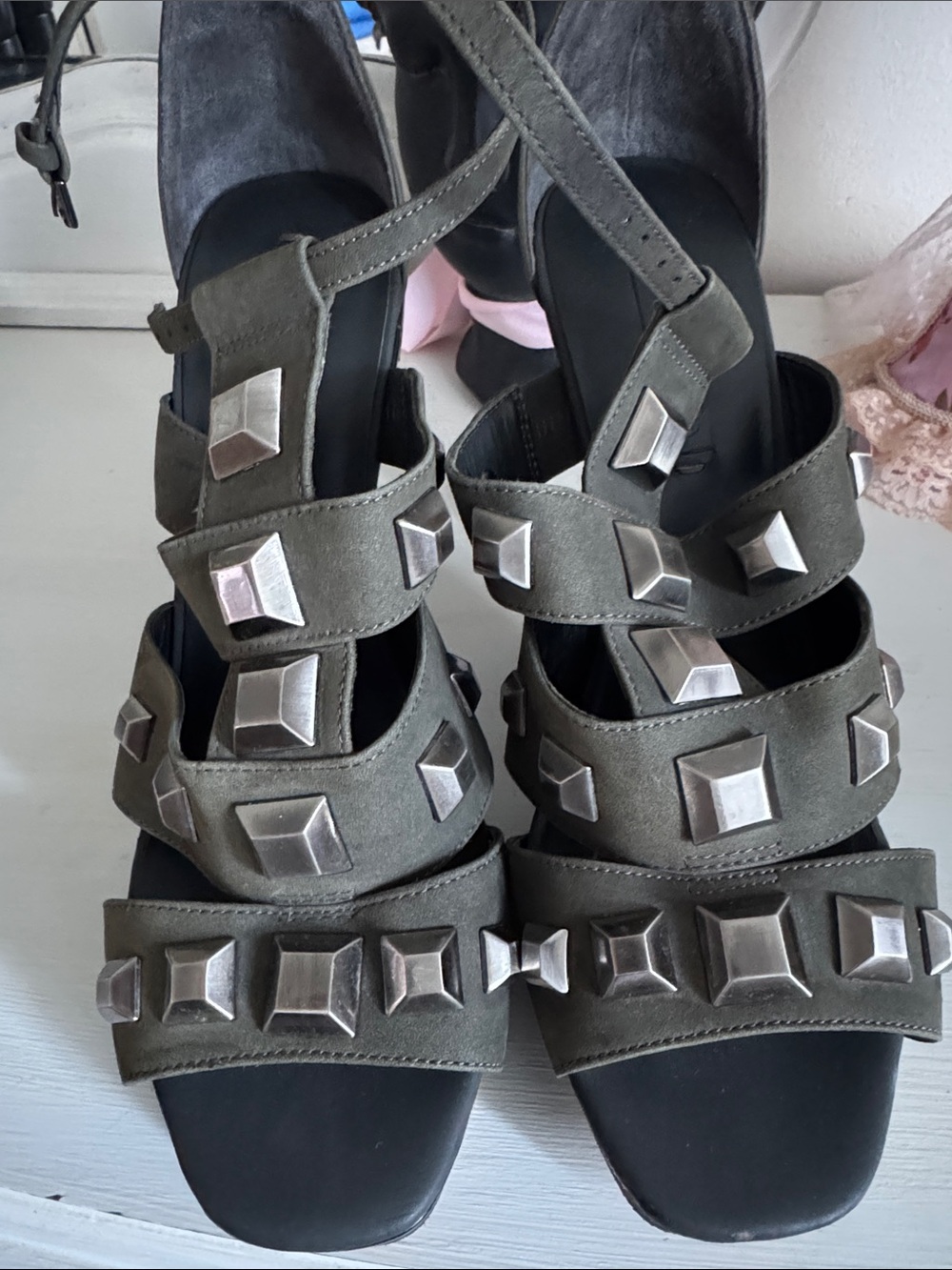 BCBGMaxAzria Victoria Studded Platform Gladiator Sandals — Gray